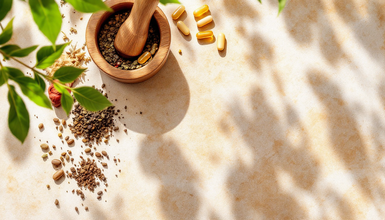 LotusHerb botanical supplements arranged with fresh herbs